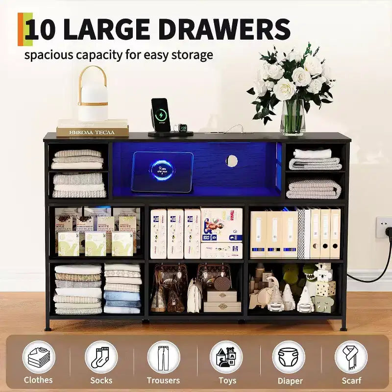 10-Drawer Fabric Dresser, Open Shelves, Modern Storage Cabinet, for Bedroom, Living Room, Hallway