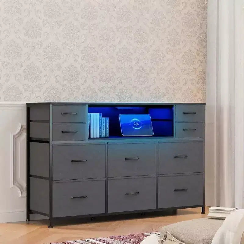 10-Drawer Fabric Dresser, Open Shelves, Modern Storage Cabinet, for Bedroom, Living Room, Hallway