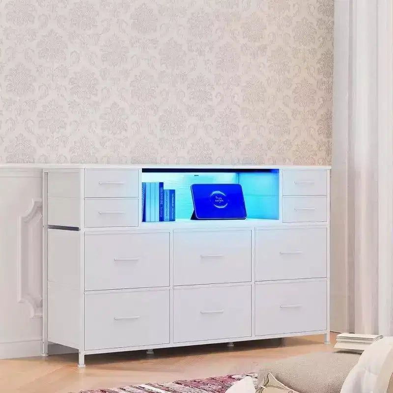 10-Drawer Fabric Dresser, Open Shelves, Modern Storage Cabinet, for Bedroom, Living Room, Hallway