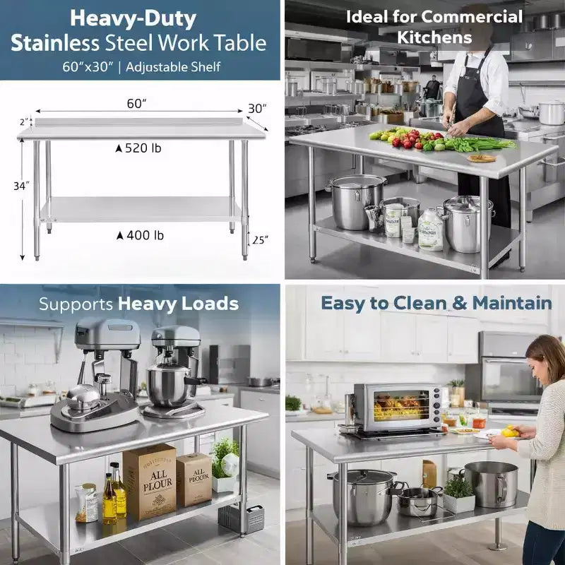Heavy-Duty 60x30 Stainless Steel Work Table with Adjustable Shelf, NSF Certified, 520lb Capacity, Easy-Clean Surface for Commercial & Home Kitchens