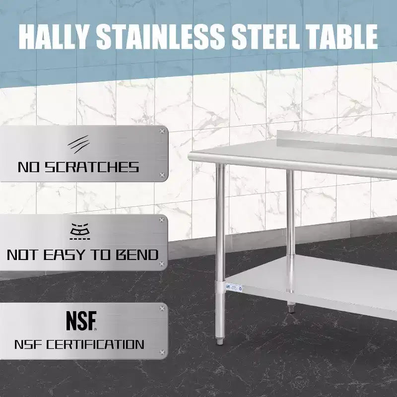 Heavy-Duty 60x30 Stainless Steel Work Table with Adjustable Shelf, NSF Certified, 520lb Capacity, Easy-Clean Surface for Commercial & Home Kitchens