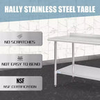 Heavy-Duty 60x30 Stainless Steel Work Table with Adjustable Shelf, NSF Certified, 520lb Capacity, Easy-Clean Surface for Commercial & Home Kitchens