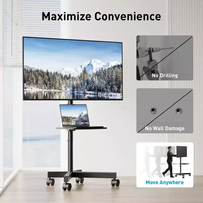 PERLESMITH Mobile TV Cart with Wheels for 23-60 LCD/LED/OLED TVs, Height Adjustable Shelf, Holds Up to 88 lbs, Max VESA 400x400mm