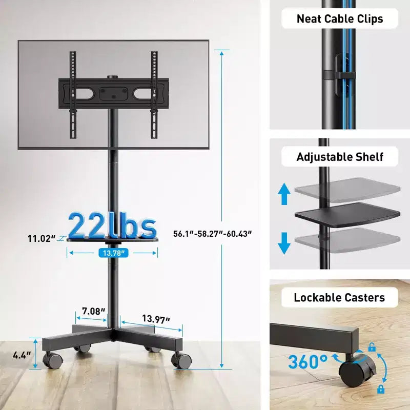 PERLESMITH Mobile TV Cart with Wheels for 23-60 LCD/LED/OLED TVs, Height Adjustable Shelf, Holds Up to 88 lbs, Max VESA 400x400mm