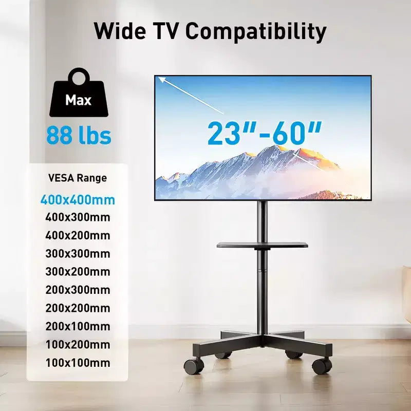 PERLESMITH Mobile TV Cart with Wheels for 23-60 LCD/LED/OLED TVs, Height Adjustable Shelf, Holds Up to 88 lbs, Max VESA 400x400mm