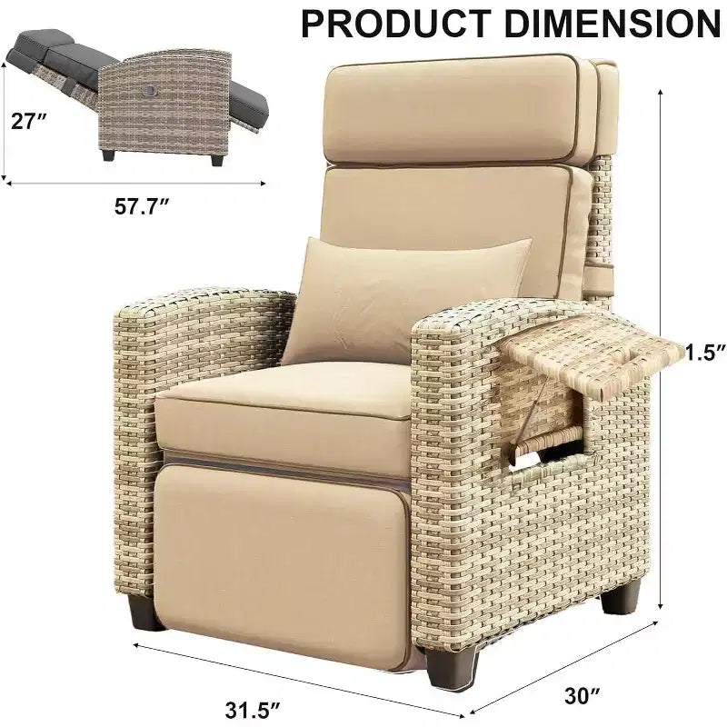 145 Adjustable Outdoor Recliner Lounge with Footrest, Removable Cushion & Side Table, All-Weather Wicker/Steel, Khaki.