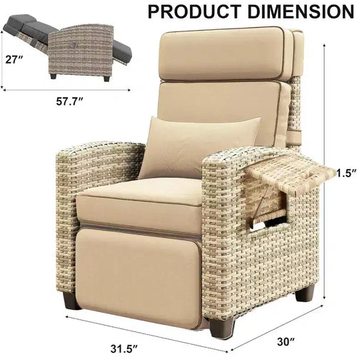 145 Adjustable Outdoor Recliner Lounge with Footrest, Removable Cushion & Side Table, All-Weather Wicker/Steel, Khaki.