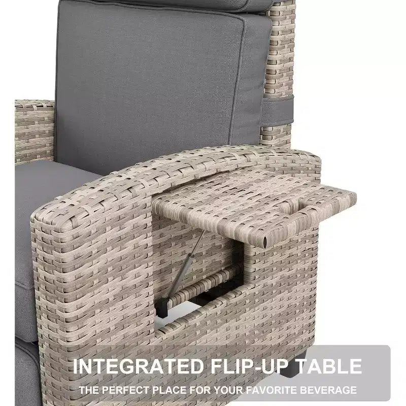 145 Adjustable Outdoor Recliner Lounge with Footrest, Removable Cushion & Side Table, All-Weather Wicker/Steel, Khaki.