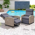 145 Adjustable Outdoor Recliner Lounge with Footrest, Removable Cushion & Side Table, All-Weather Wicker/Steel, Khaki.