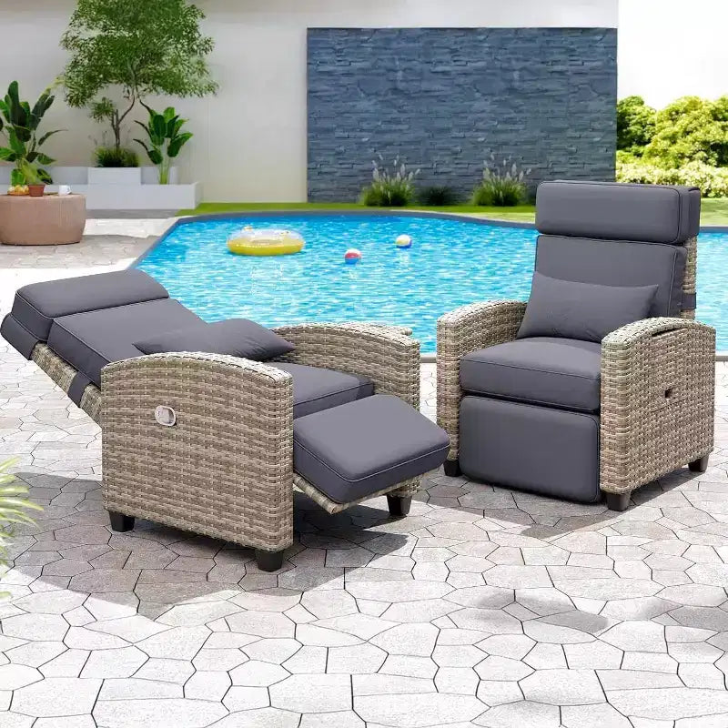 145 Adjustable Outdoor Recliner Lounge with Footrest, Removable Cushion & Side Table, All-Weather Wicker/Steel, Khaki.