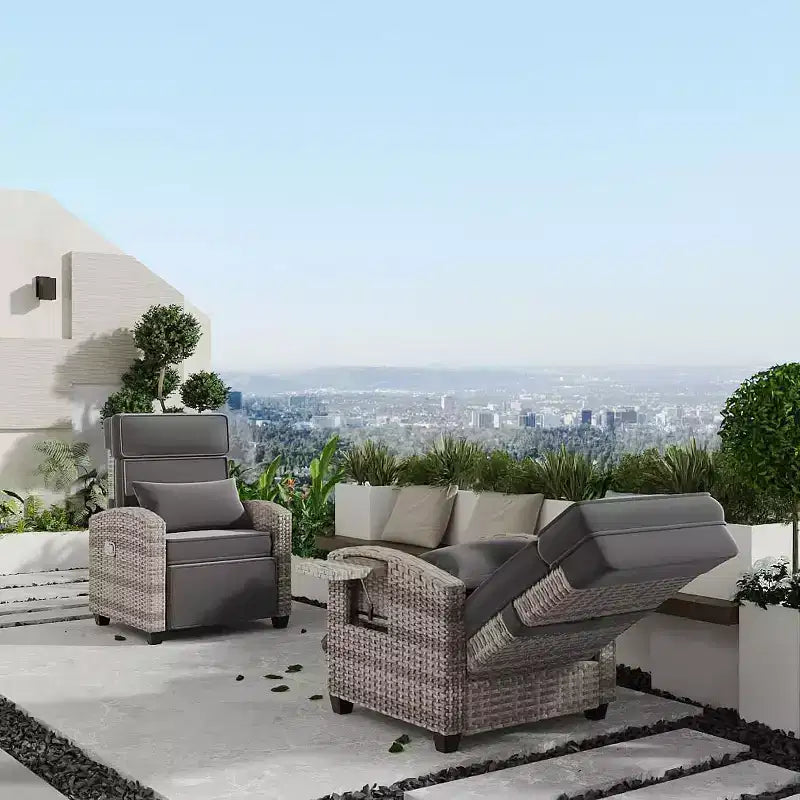 145 Adjustable Outdoor Recliner Lounge with Footrest, Removable Cushion & Side Table, All-Weather Wicker/Steel, Khaki.