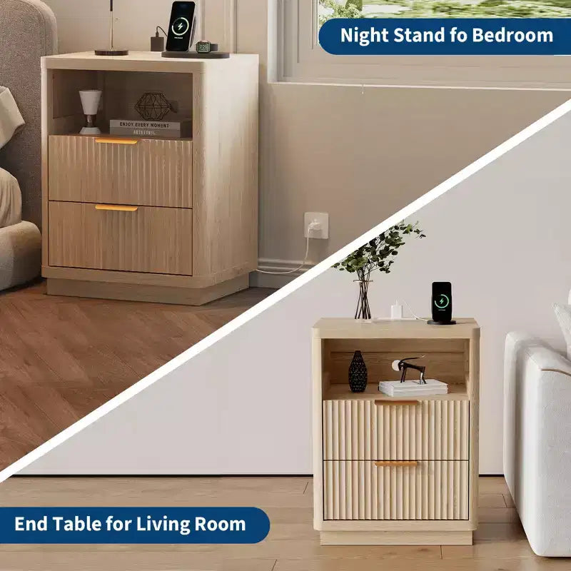 Nightstand with Charging Station, Drawers & Open Shelf, Modern Wood Bedside Table for Bedroom/Living Room/Office