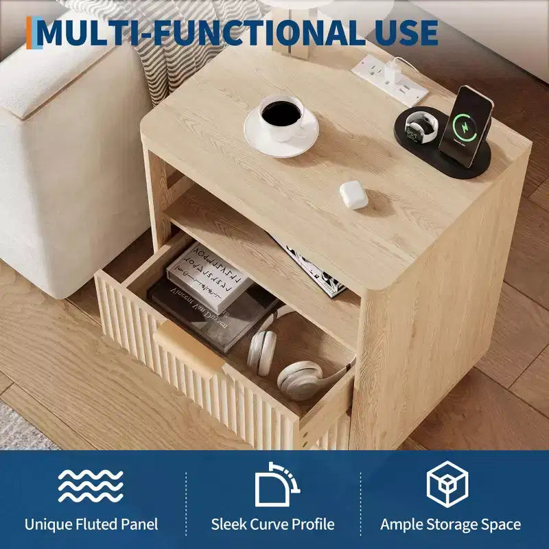 Nightstand with Charging Station, Drawers & Open Shelf, Modern Wood Bedside Table for Bedroom/Living Room/Office