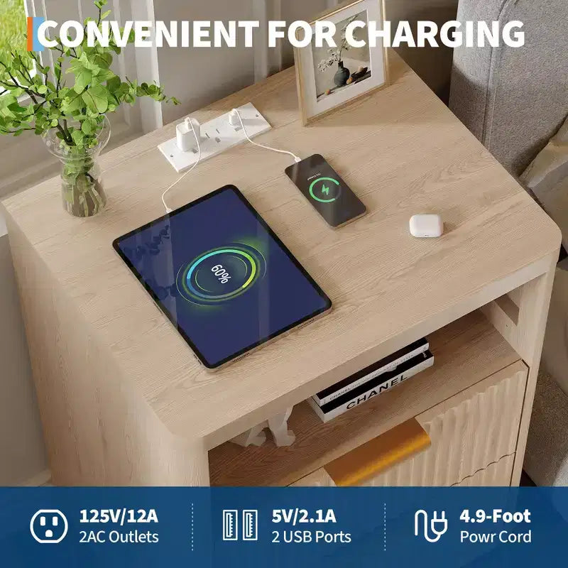 Nightstand with Charging Station, Drawers & Open Shelf, Modern Wood Bedside Table for Bedroom/Living Room/Office