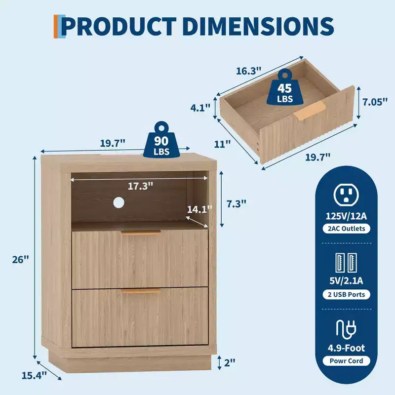 Nightstand with Charging Station, Drawers & Open Shelf, Modern Wood Bedside Table for Bedroom/Living Room/Office