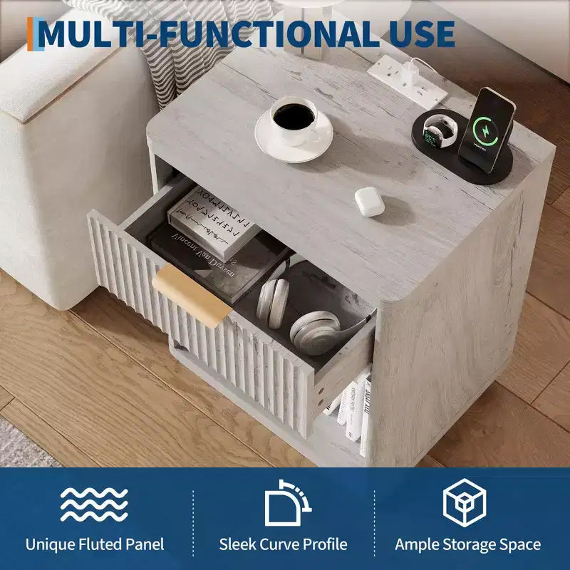 Nightstand with Charging Station, Drawers & Open Shelf, Modern Wood Bedside Table for Bedroom/Living Room/Office
