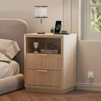 Nightstand with Charging Station, Drawers & Open Shelf, Modern Wood Bedside Table for Bedroom/Living Room/Office