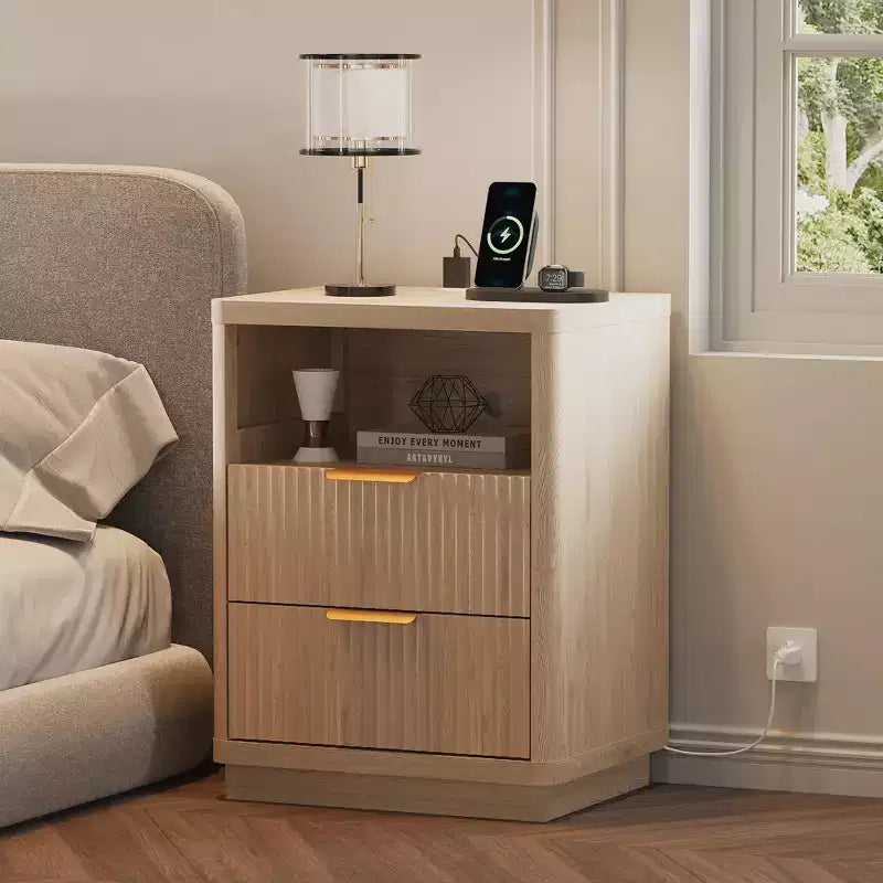 Nightstand with Charging Station, Drawers & Open Shelf, Modern Wood Bedside Table for Bedroom/Living Room/Office