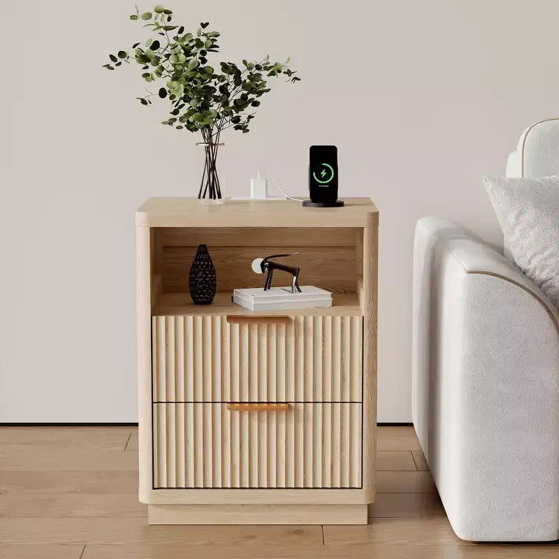 Nightstand with Charging Station, Drawers & Open Shelf, Modern Wood Bedside Table for Bedroom/Living Room/Office