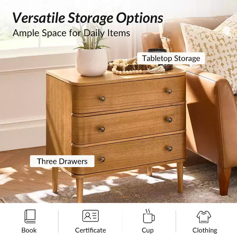 Noah Modern 26W 3-Drawer End Table with Solid Wood Legs Built-in Outlet|ART OF LIVING DESIGNS-OAK