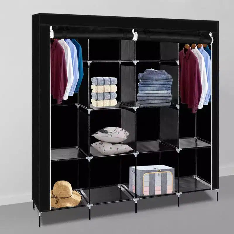 Karl Home 12-Cube Portable Closet Wardrobe with 2 Hanging Rods & 4 Side Pockets, 4-Tier Non-Woven Fabric Storage Organizer Black