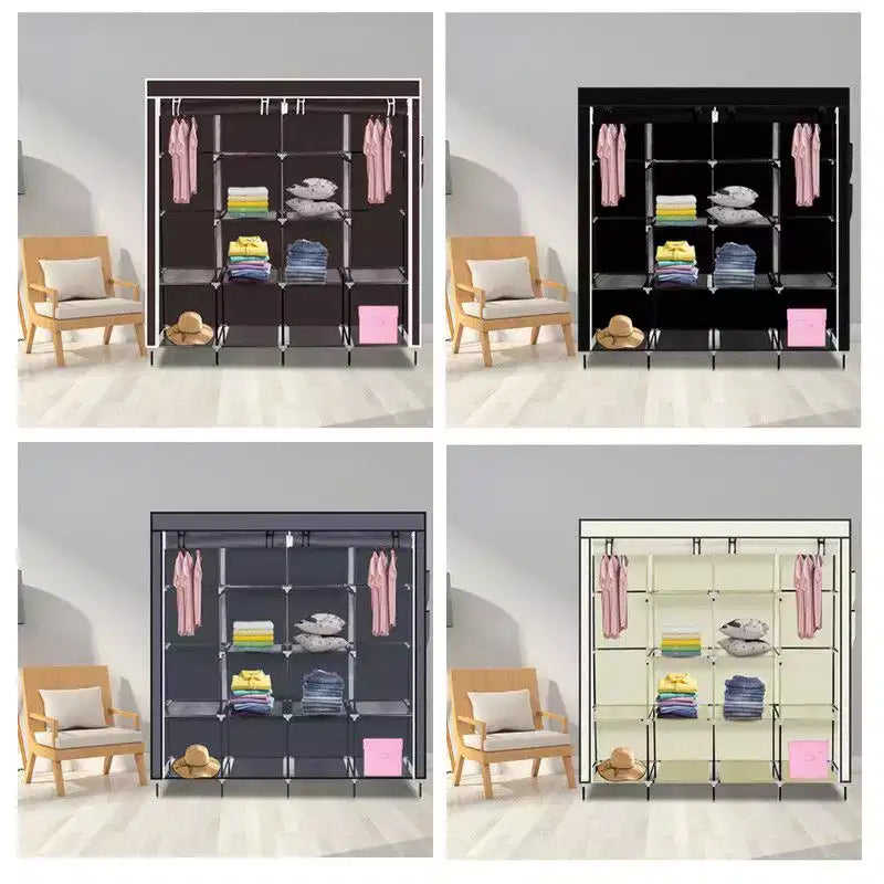 Karl Home 12-Cube Portable Closet Wardrobe with 2 Hanging Rods & 4 Side Pockets, 4-Tier Non-Woven Fabric Storage Organizer Black