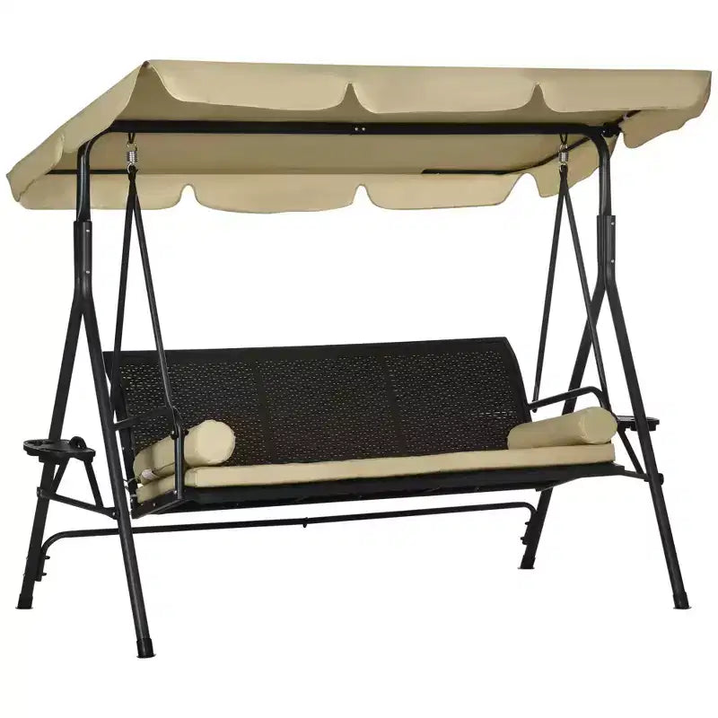 3-Seat Patio Swing Chair with Adjustable Canopy, Rattan Seat, Removable Cushions and Pillows