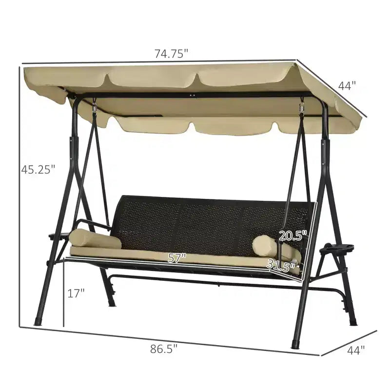 3-Seat Patio Swing Chair with Adjustable Canopy, Rattan Seat, Removable Cushions and Pillows
