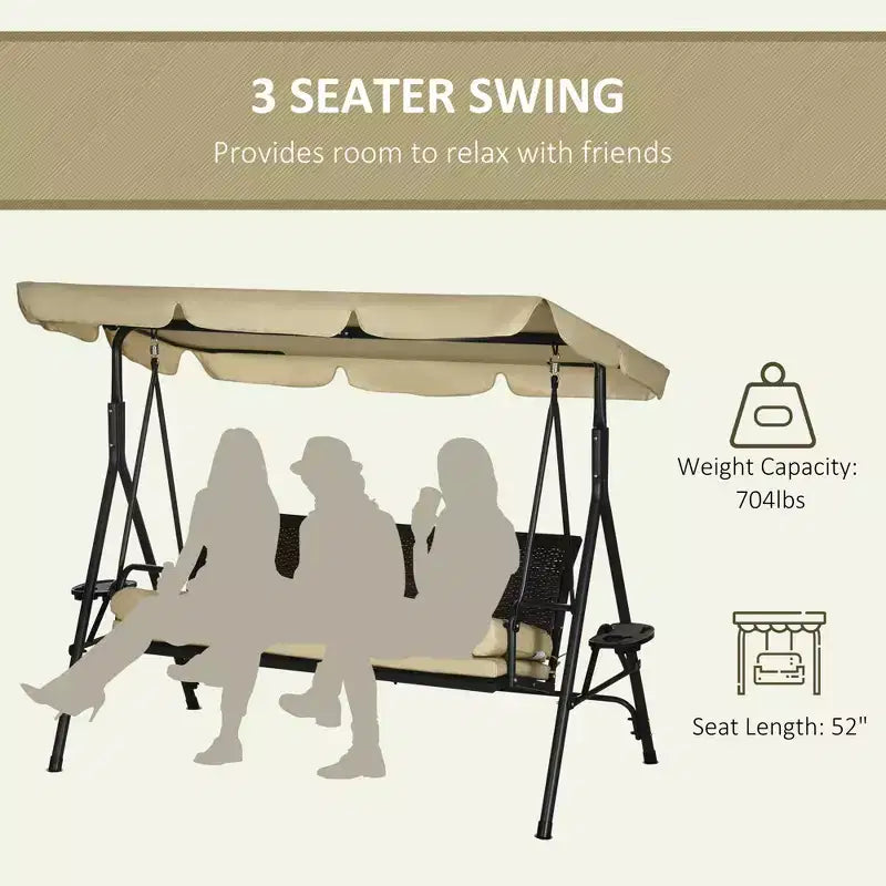 3-Seat Patio Swing Chair with Adjustable Canopy, Rattan Seat, Removable Cushions and Pillows