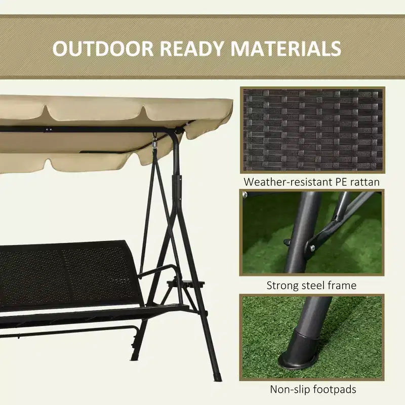 3-Seat Patio Swing Chair with Adjustable Canopy, Rattan Seat, Removable Cushions and Pillows