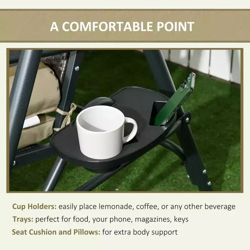 3-Seat Patio Swing Chair with Adjustable Canopy, Rattan Seat, Removable Cushions and Pillows