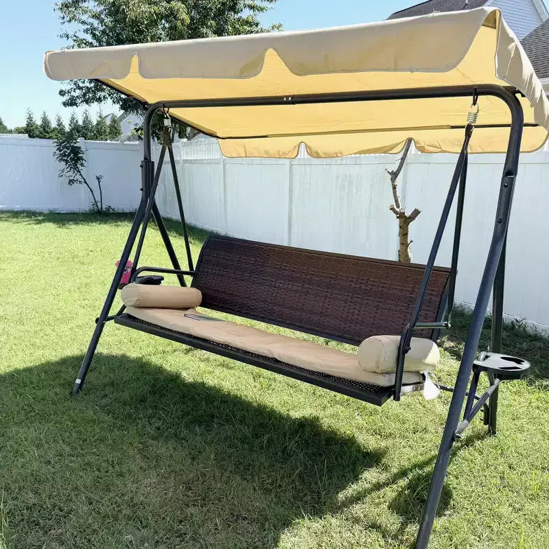 3-Seat Patio Swing Chair with Adjustable Canopy, Rattan Seat, Removable Cushions and Pillows