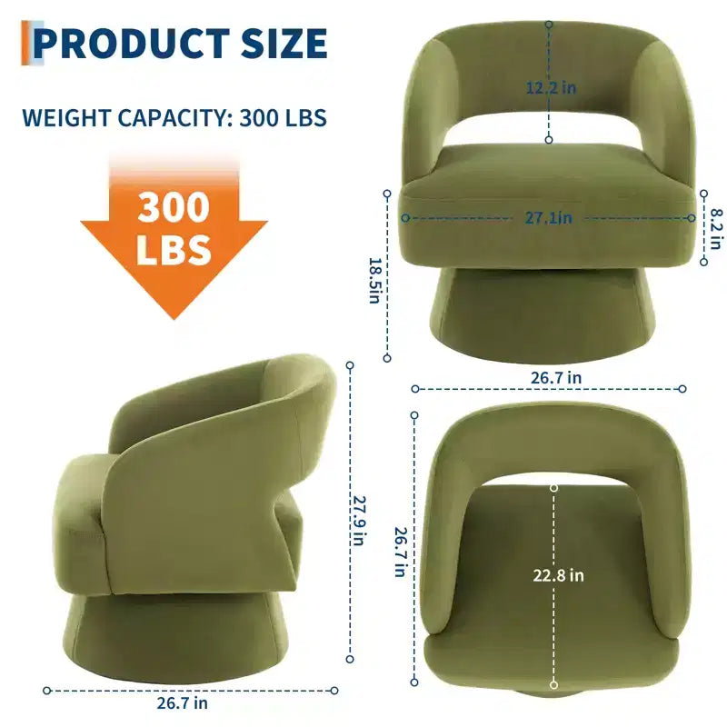 Modern 360 Swivel Velvet Barrel Accent Chair, Upholstered Armchair with Striped Backrest & Plush Padding, Comfy Round Lounge Chair