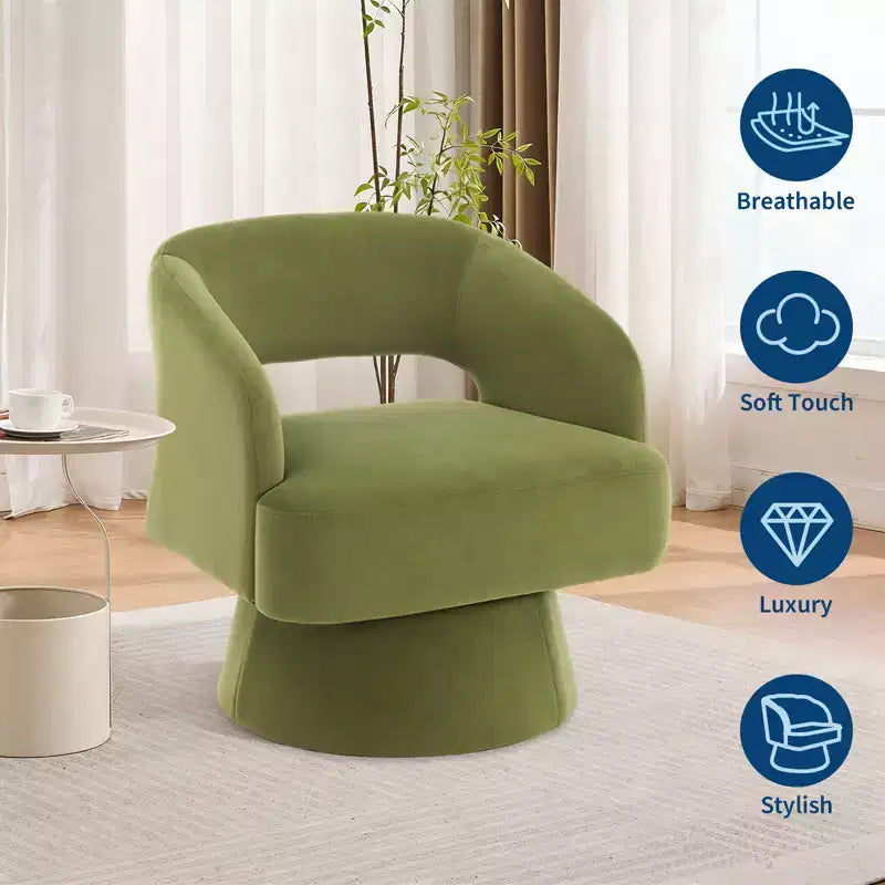 Modern 360 Swivel Velvet Barrel Accent Chair, Upholstered Armchair with Striped Backrest & Plush Padding, Comfy Round Lounge Chair