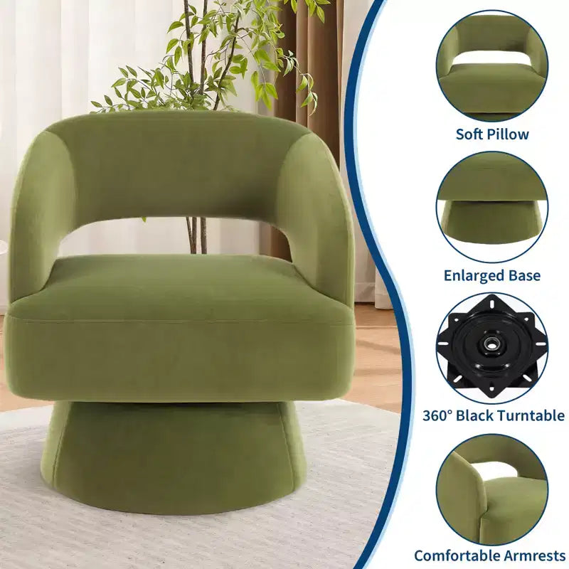 Modern 360 Swivel Velvet Barrel Accent Chair, Upholstered Armchair with Striped Backrest & Plush Padding, Comfy Round Lounge Chair