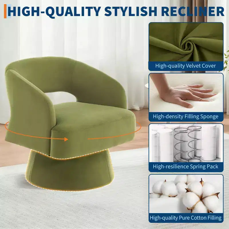 Modern 360 Swivel Velvet Barrel Accent Chair, Upholstered Armchair with Striped Backrest & Plush Padding, Comfy Round Lounge Chair