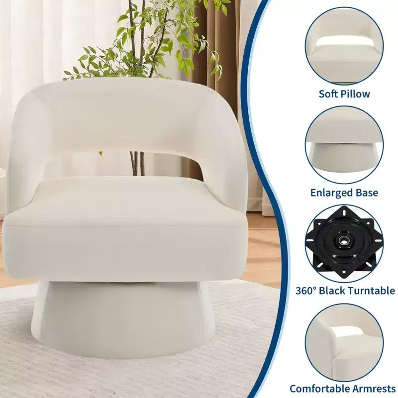 Modern 360 Swivel Velvet Barrel Accent Chair, Upholstered Armchair with Striped Backrest & Plush Padding, Comfy Round Lounge Chair