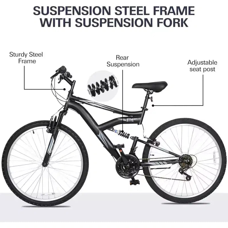 Hykolity 26 inch Mountain Bike, 18-Speed Outdoor Cycling Bike, High Carbon Steel Frame, MTB Bicycle for Men and Women, Dual Full Suspension, Black