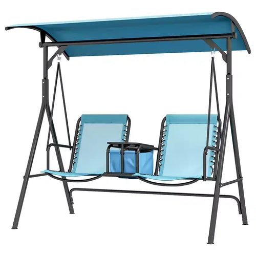 2-Person Portable Patio Swing with Canopy, Cup Holders and Stand, Blue