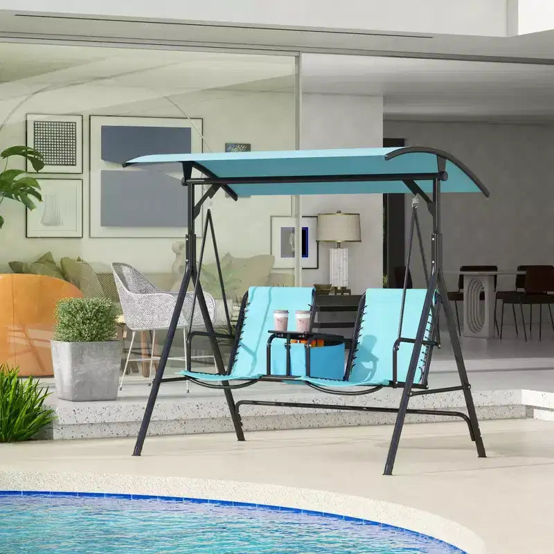 2-Person Portable Patio Swing with Canopy, Cup Holders and Stand, Blue