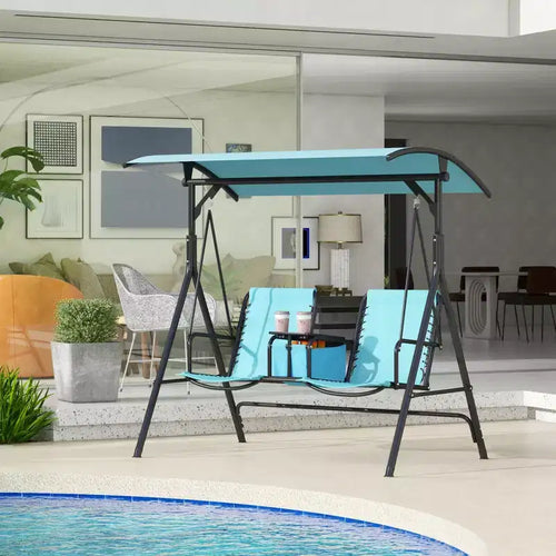 2-Person Portable Patio Swing with Canopy, Cup Holders and Stand, Blue