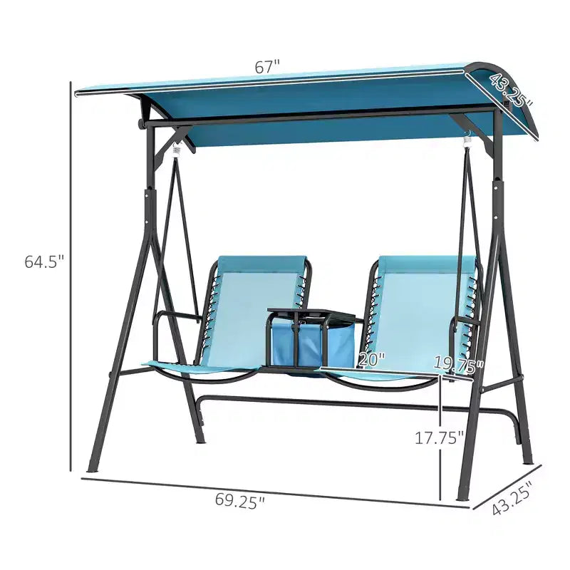 2-Person Portable Patio Swing with Canopy, Cup Holders and Stand, Blue