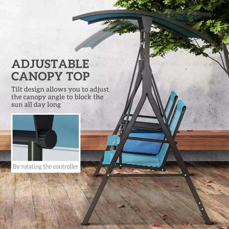 2-Person Portable Patio Swing with Canopy, Cup Holders and Stand, Blue