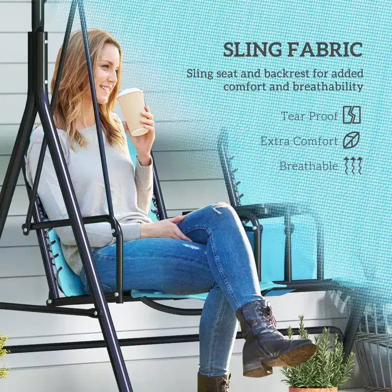 2-Person Portable Patio Swing with Canopy, Cup Holders and Stand, Blue