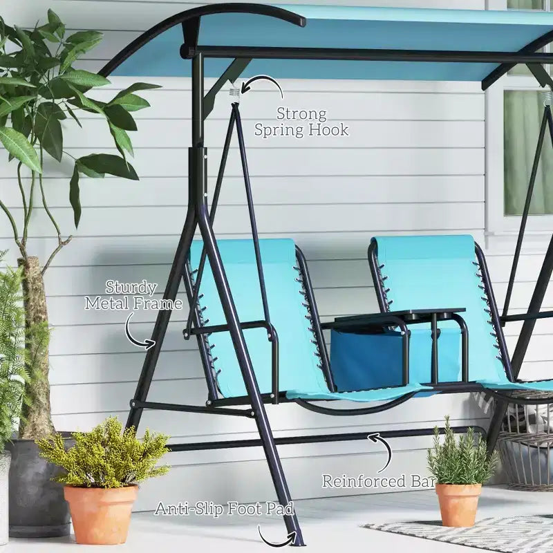 2-Person Portable Patio Swing with Canopy, Cup Holders and Stand, Blue