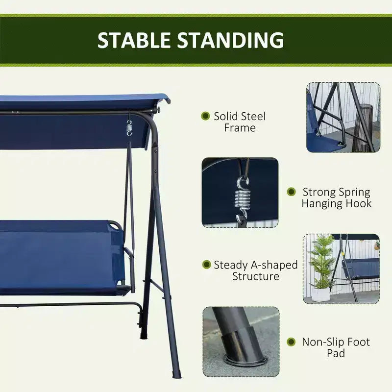 3-Person Patio Swing Chair with Adjustable Canopy and Cushions, Dark Blue