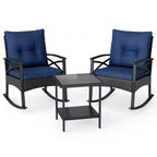 Gymax Set of 3 Patio Bistro Set w/ Glider Rocking Chairs Tempered Glass Coffee Table & Cushions
