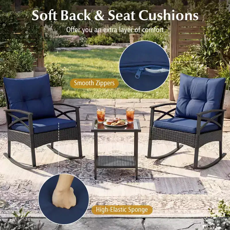 Gymax Set of 3 Patio Bistro Set w/ Glider Rocking Chairs Tempered Glass Coffee Table & Cushions