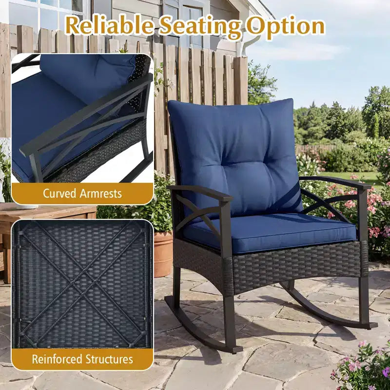 Gymax Set of 3 Patio Bistro Set w/ Glider Rocking Chairs Tempered Glass Coffee Table & Cushions