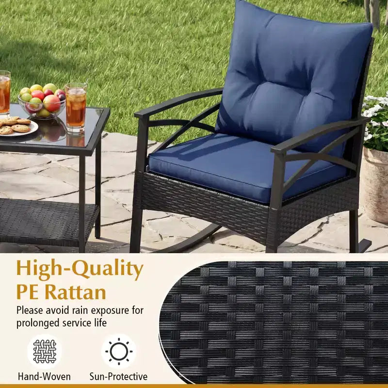Gymax Set of 3 Patio Bistro Set w/ Glider Rocking Chairs Tempered Glass Coffee Table & Cushions